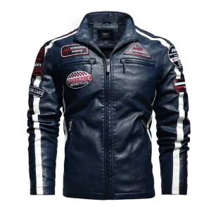 Black Varsity Jacket Racer Jacket Men's Pu Jacket Motorcycle Racing Suit Leather Fleece-Lined Thin Coat