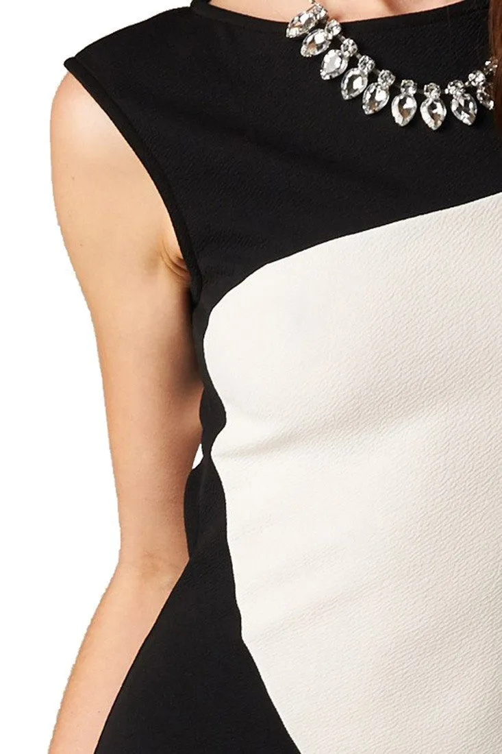 Black White Color Contrast Bodycon Cocktail Dress w/ Necklace