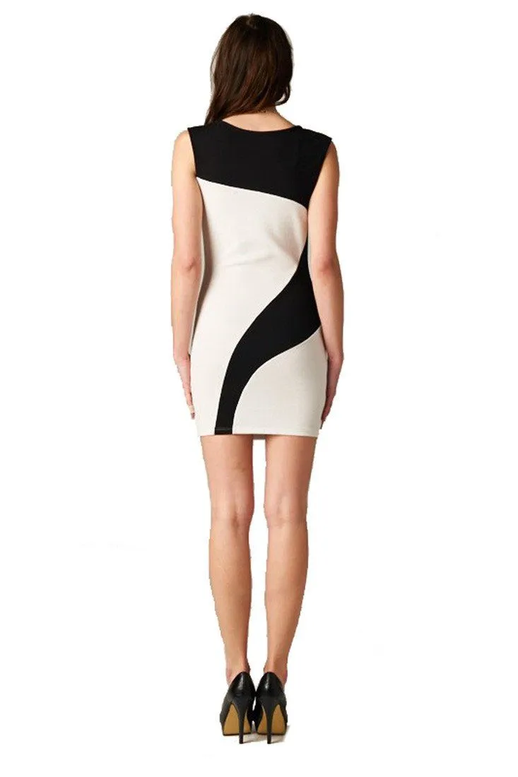 Black White Color Contrast Bodycon Cocktail Dress w/ Necklace