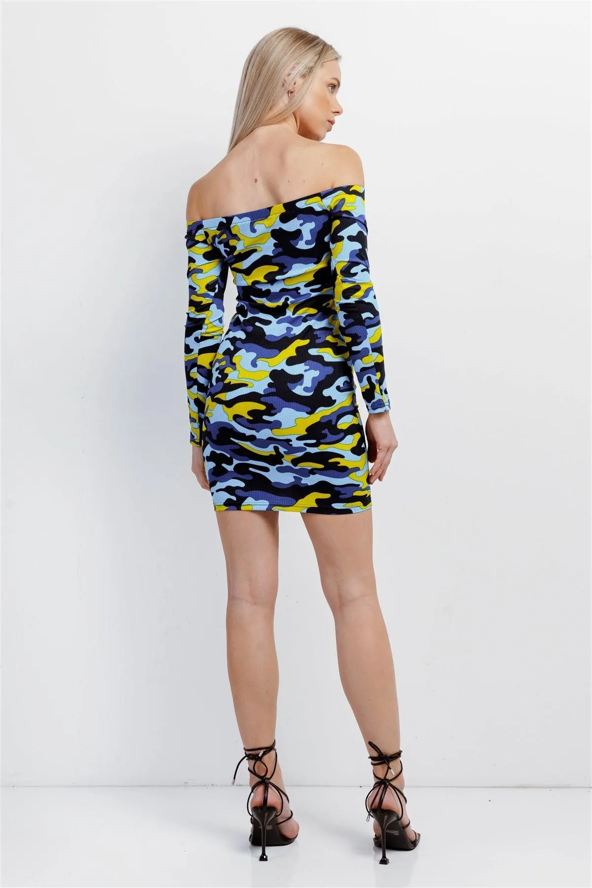 Blue Multicolor Camo Ribbed Off-The-Shoulder Button Down Bodycon Mini Dress /1-2-2