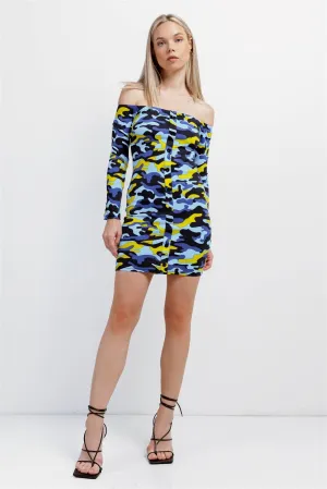 Blue Multicolor Camo Ribbed Off-The-Shoulder Button Down Bodycon Mini Dress /1-2-2