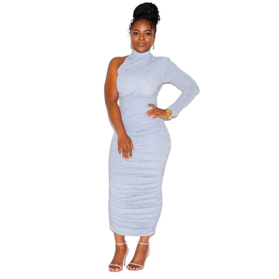 Blue One Sleeve Ruched Pencil Dress