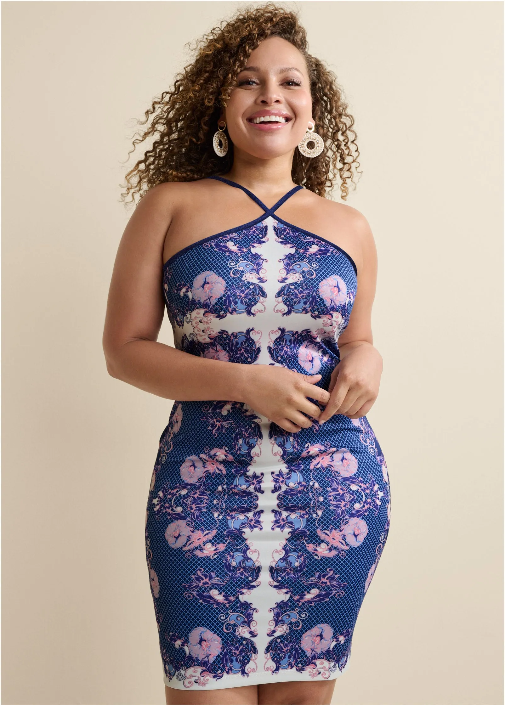 Bodycon Y-Neck Dress - Purple Multi