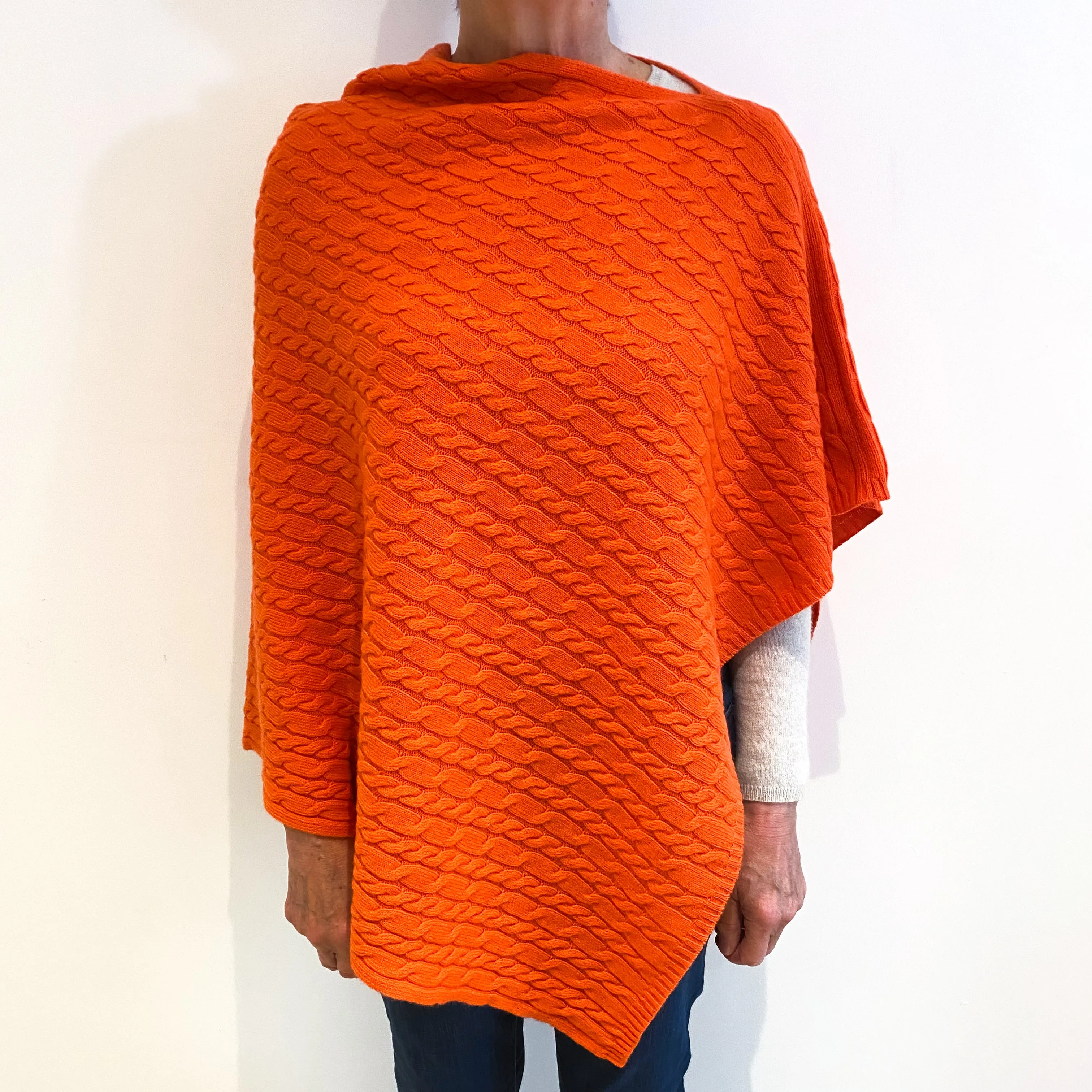 Brand New Scottish Tangerine Orange Cashmere Cable Poncho One Size