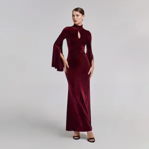 Burgundy High Neck Flared Sleeve Velvet Dress