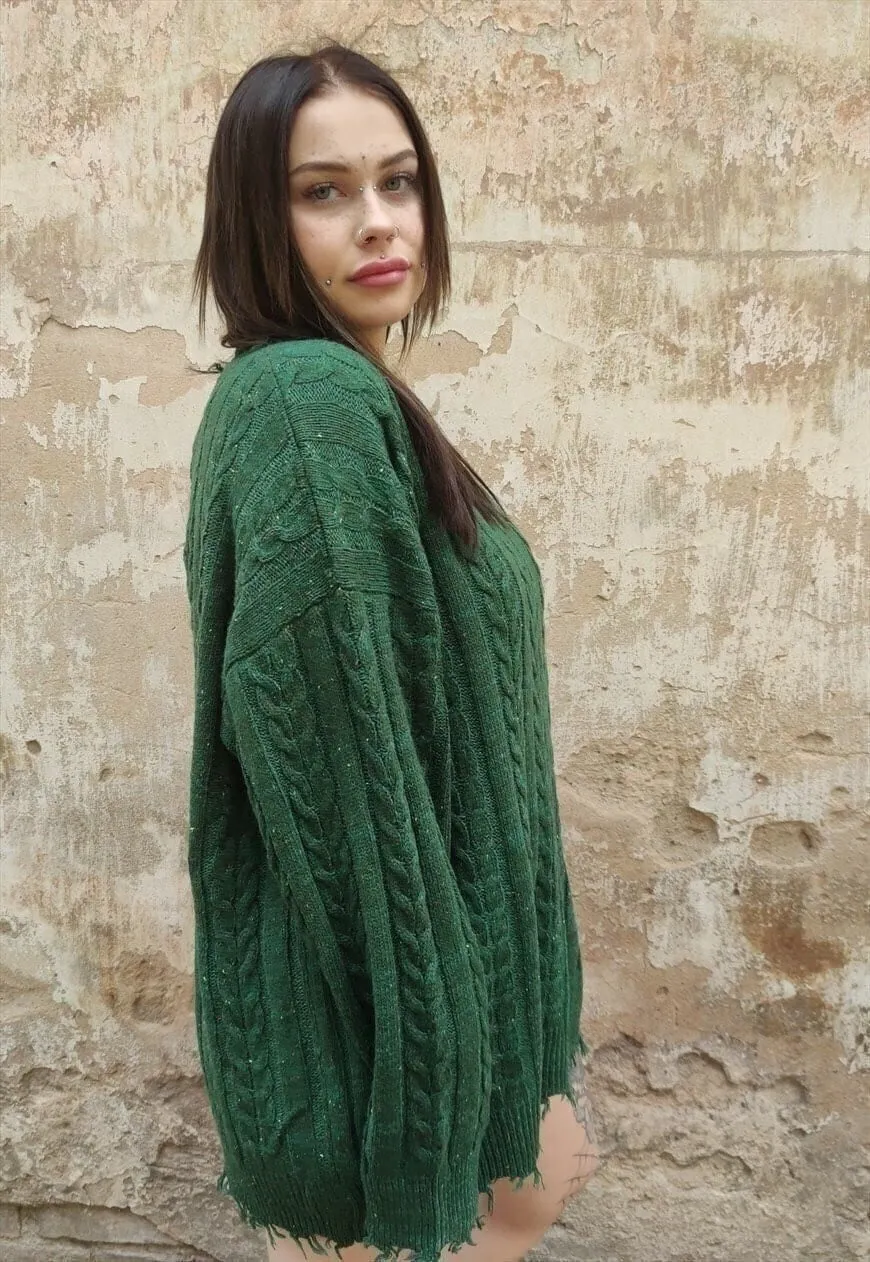 Cable knit sweater distressed top ripped jumper in green