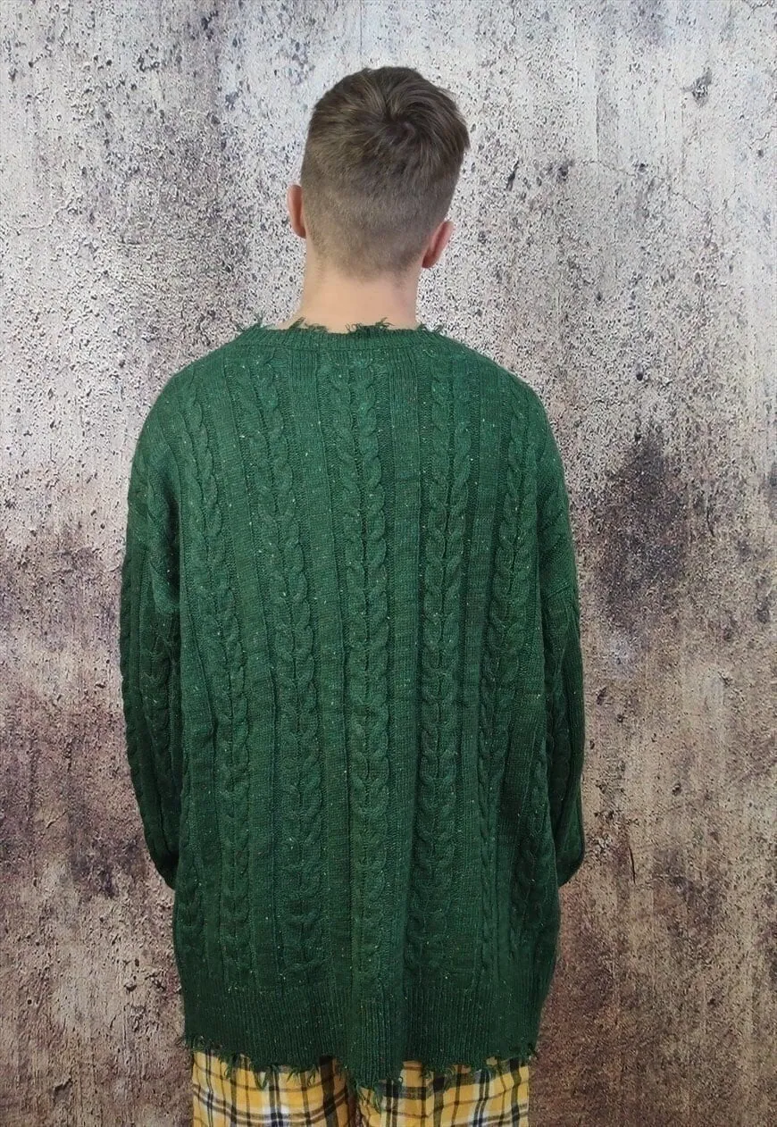 Cable knit sweater distressed top ripped jumper in green