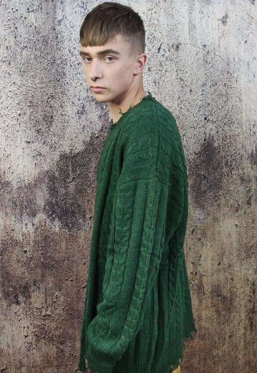 Cable knit sweater distressed top ripped jumper in green