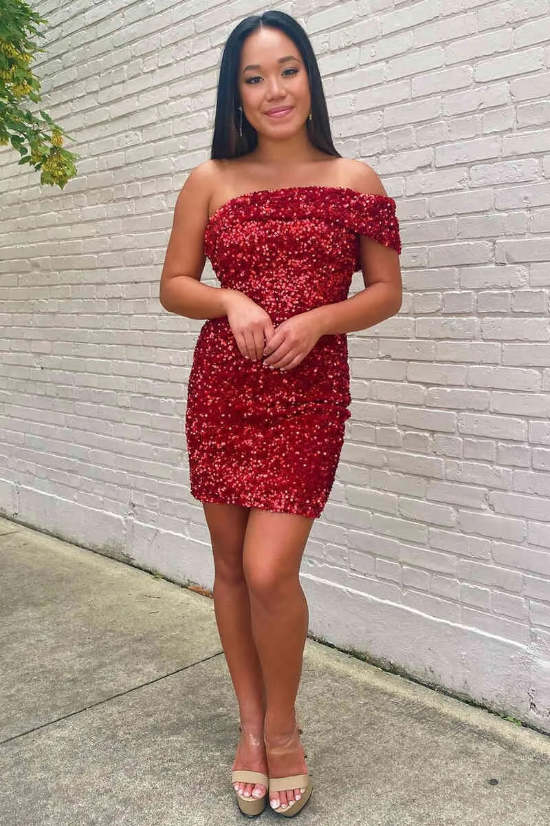 Callista | Off the Shoulder Burgundy Sequins Bodycon Homecoming Dress