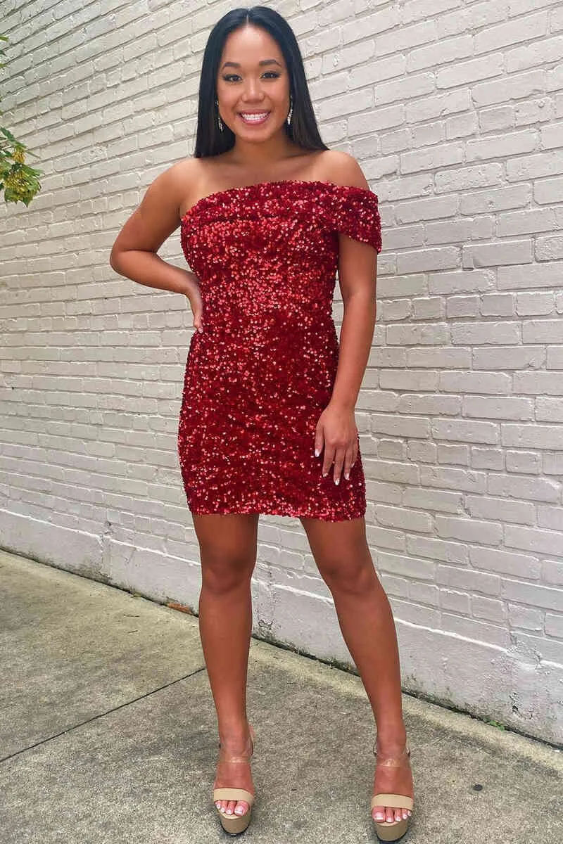 Callista | Off the Shoulder Burgundy Sequins Bodycon Homecoming Dress