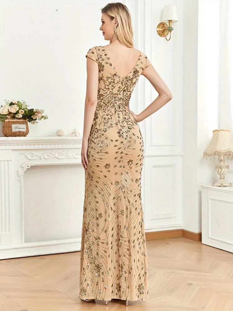 Cap-Sleeve Sequin Maxi Dress