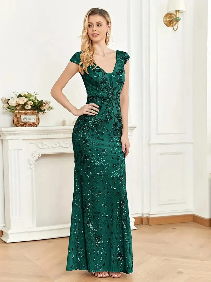 Cap-Sleeve Sequin Maxi Dress