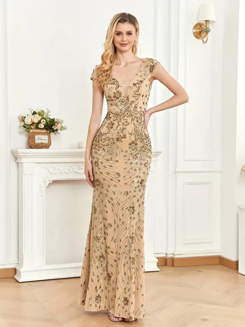 Cap-Sleeve Sequin Maxi Dress