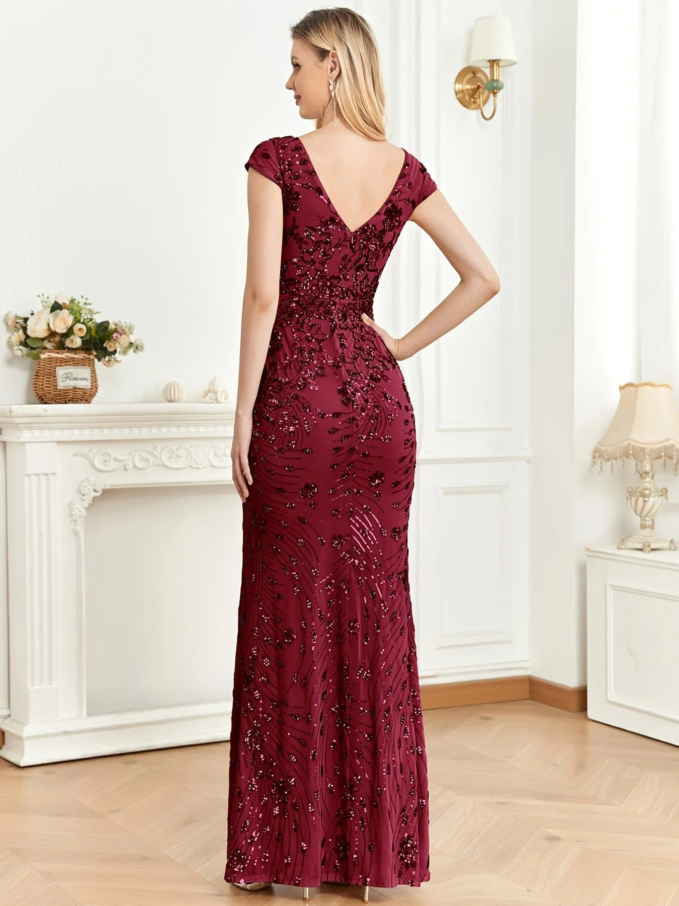 Cap-Sleeve Sequin Maxi Dress