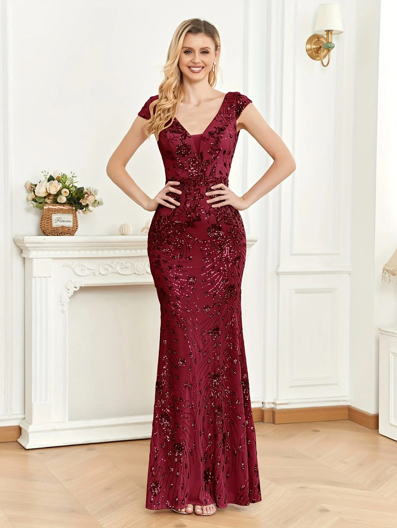 Cap-Sleeve Sequin Maxi Dress