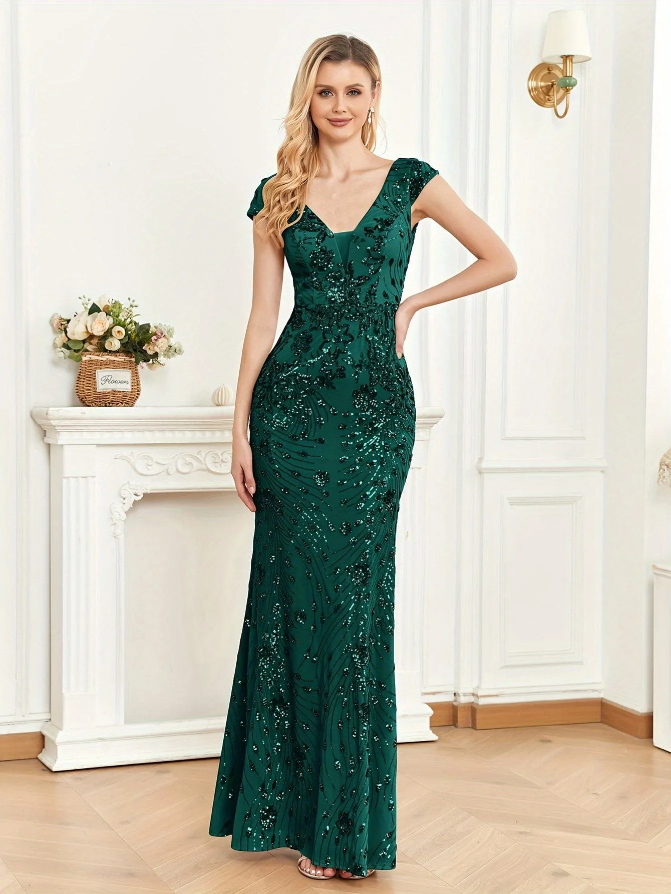 Cap-Sleeve Sequin Maxi Dress