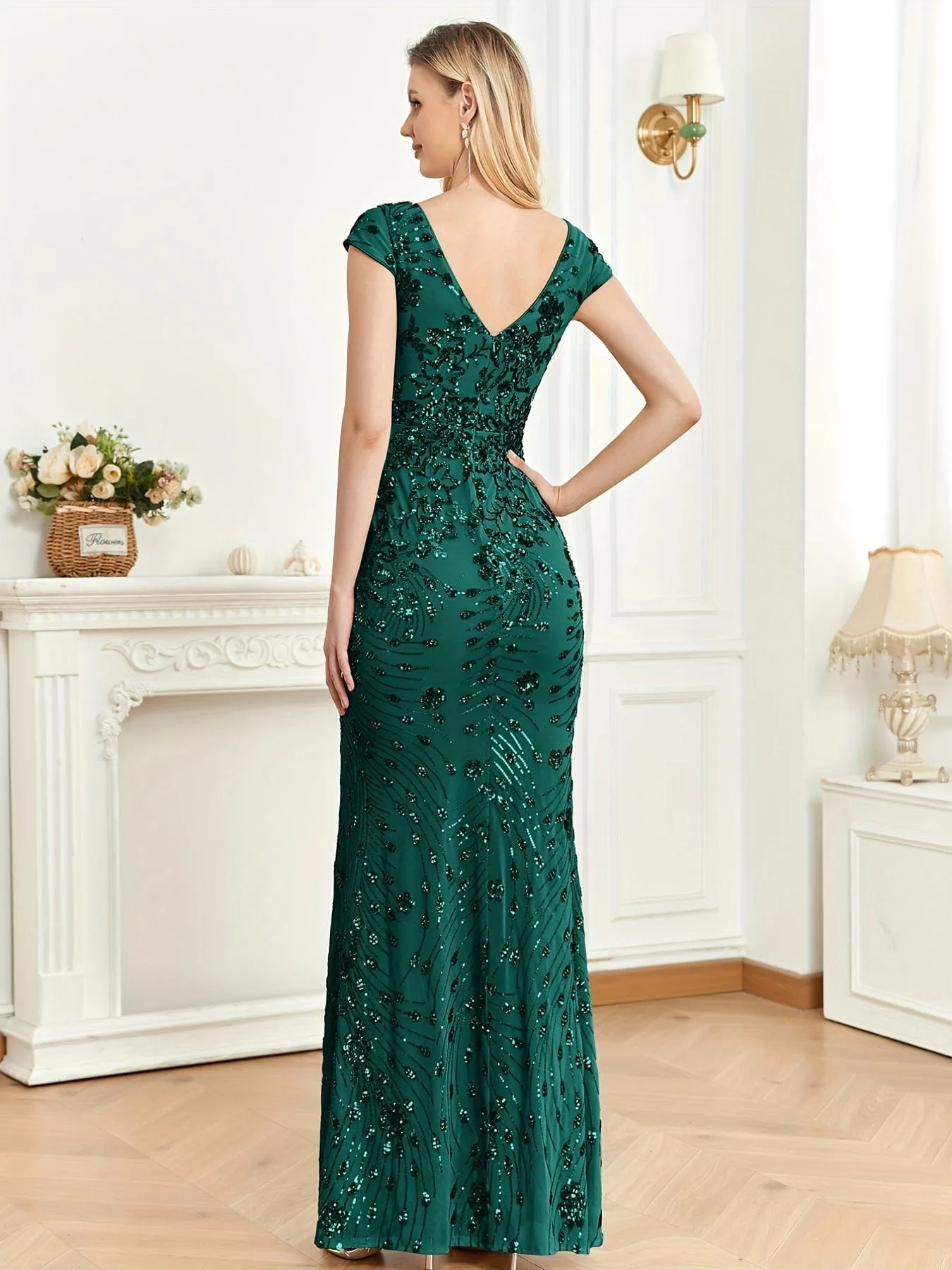 Cap-Sleeve Sequin Maxi Dress