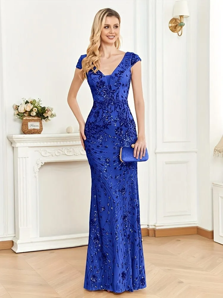 Cap-Sleeve Sequin Maxi Dress