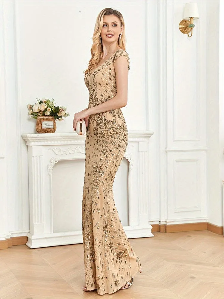 Cap-Sleeve Sequin Maxi Dress