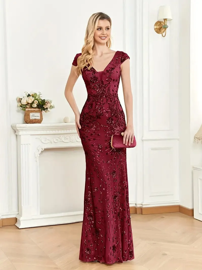 Cap-Sleeve Sequin Maxi Dress