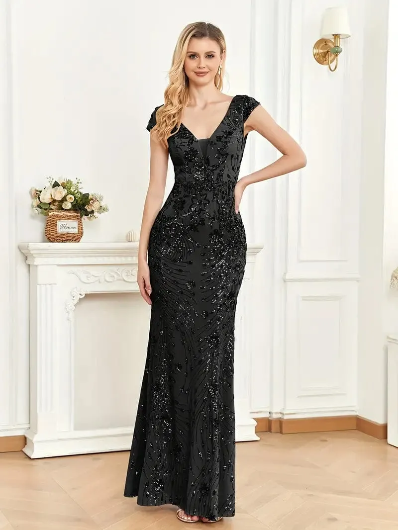 Cap-Sleeve Sequin Maxi Dress