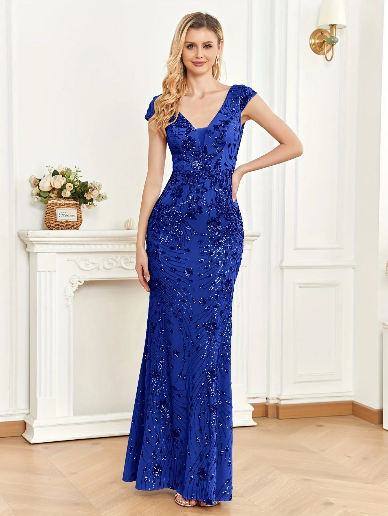 Cap-Sleeve Sequin Maxi Dress