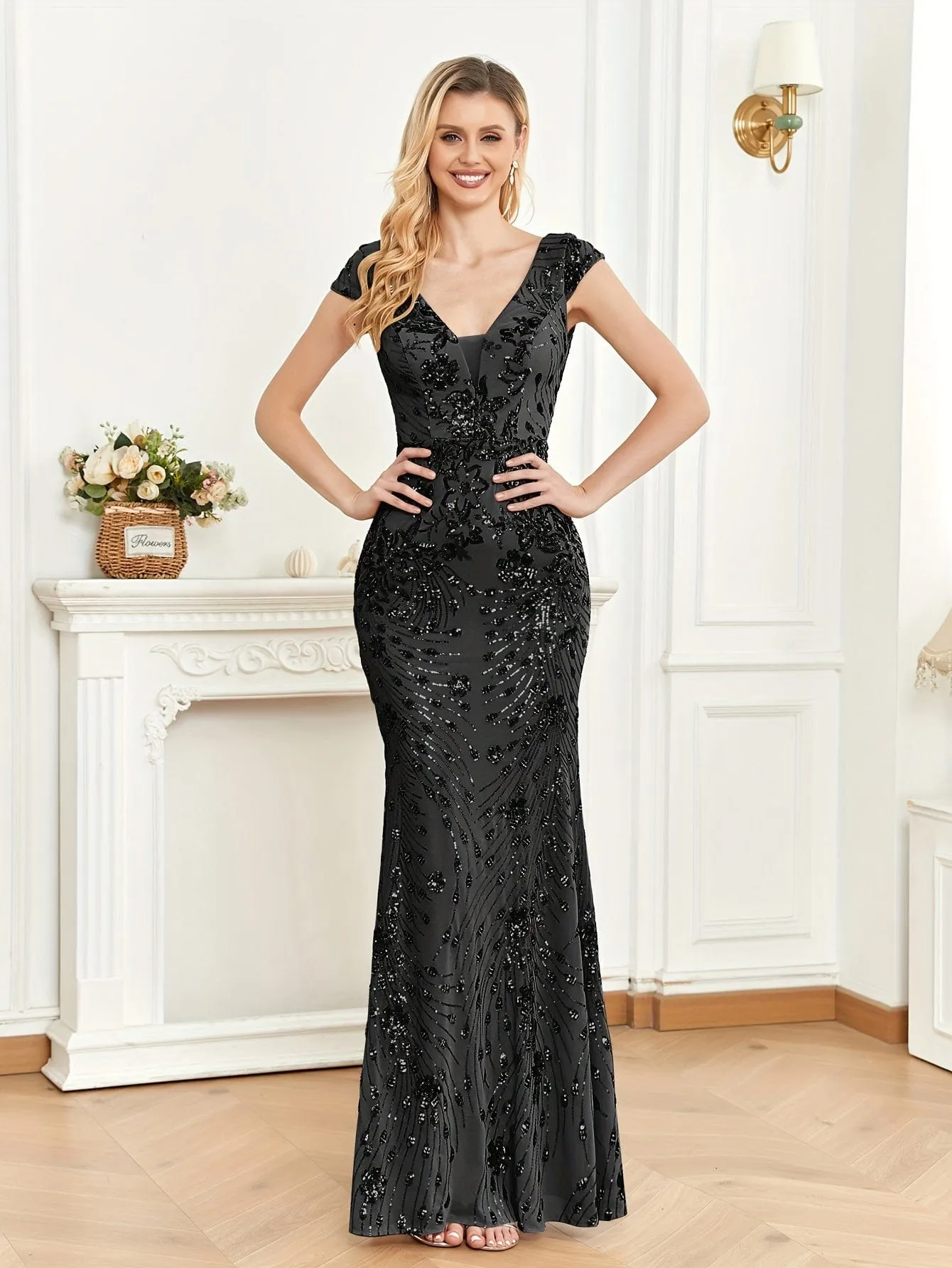 Cap-Sleeve Sequin Maxi Dress