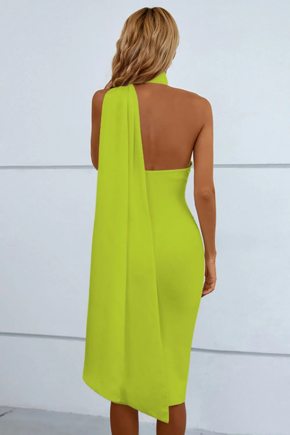 CASCADING DETAIL HALTER NECK BODYCON DRESS