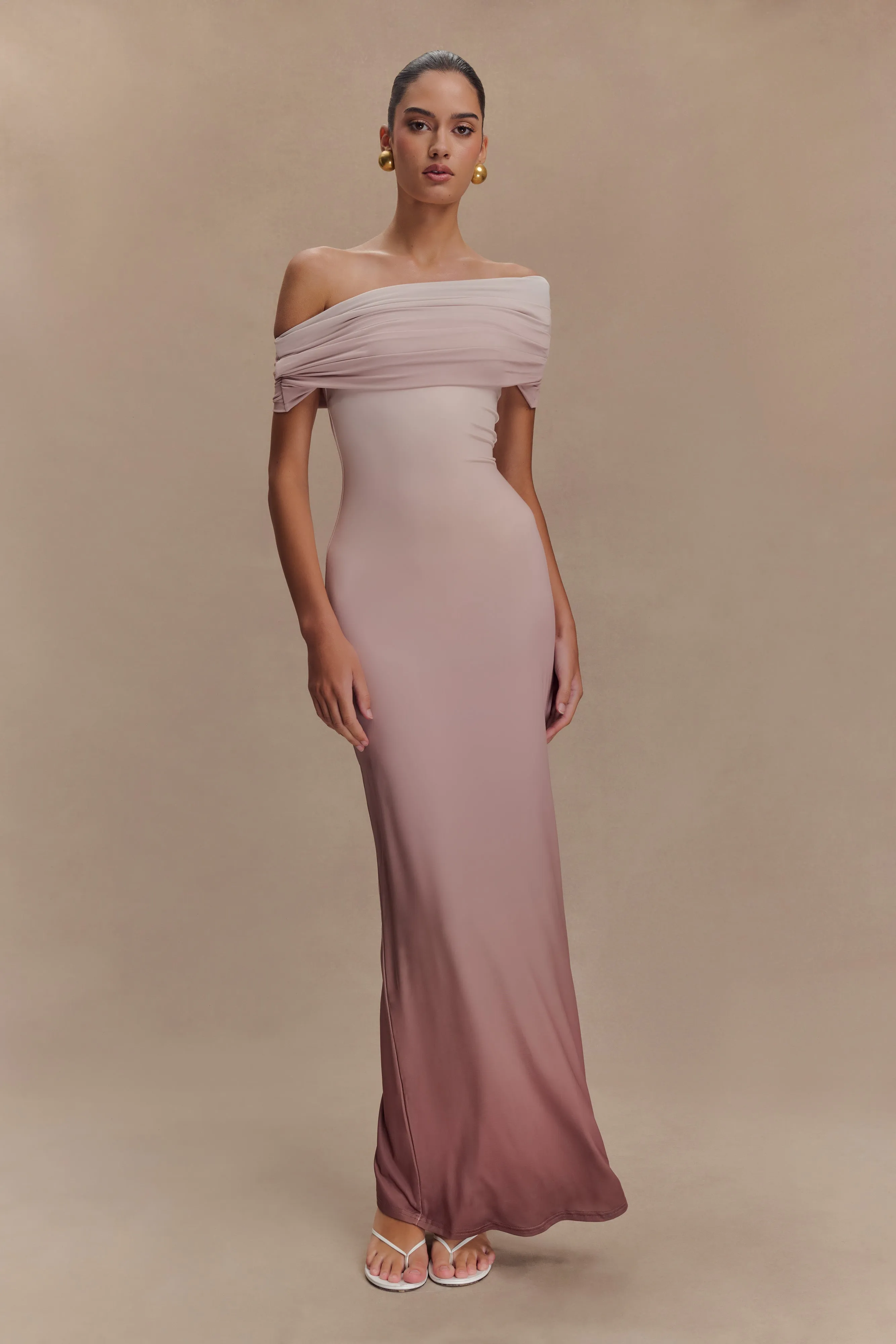 Cassandra Off Shoulder Slinky Maxi Dress - Neutral Ombre