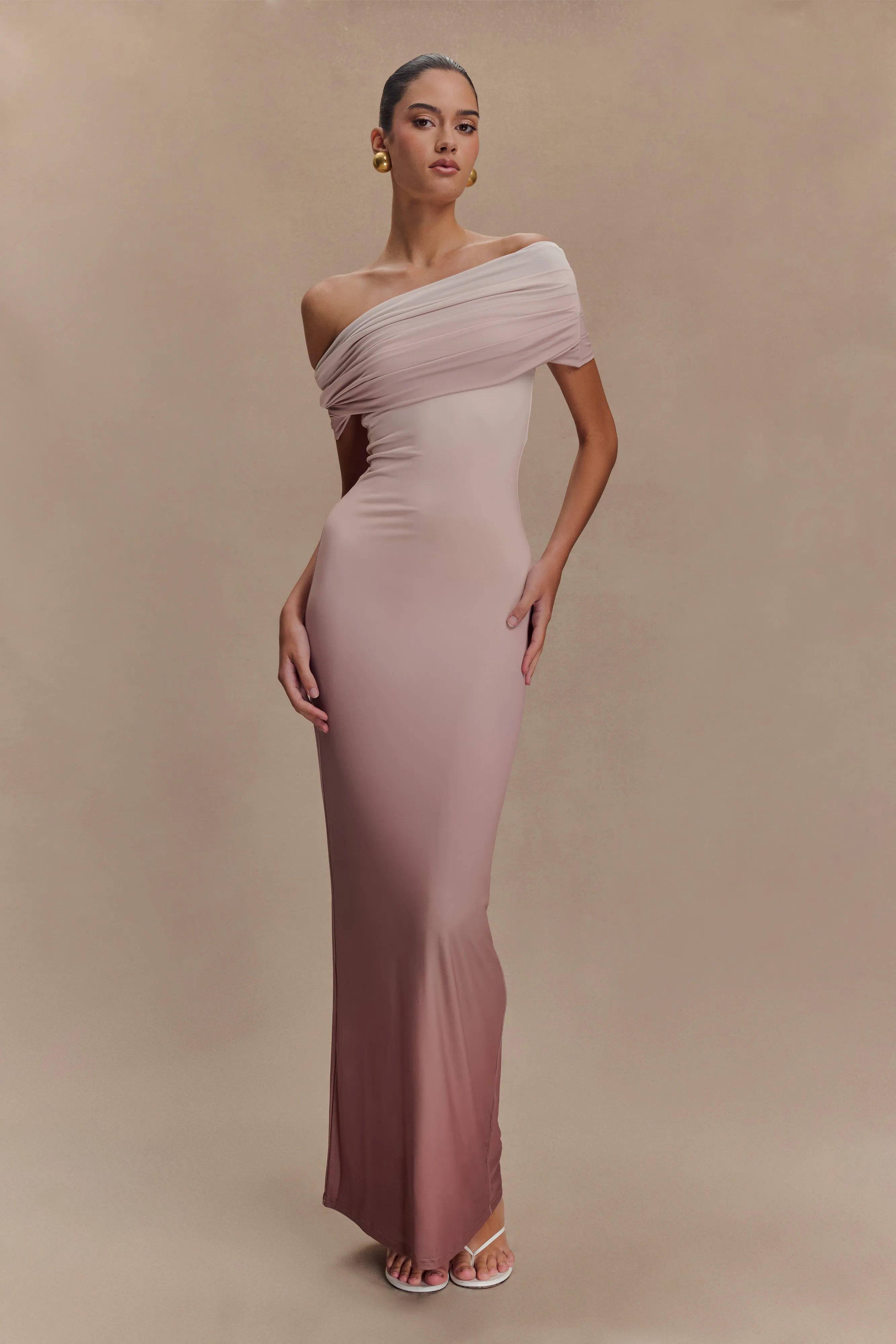 Cassandra Off Shoulder Slinky Maxi Dress - Neutral Ombre