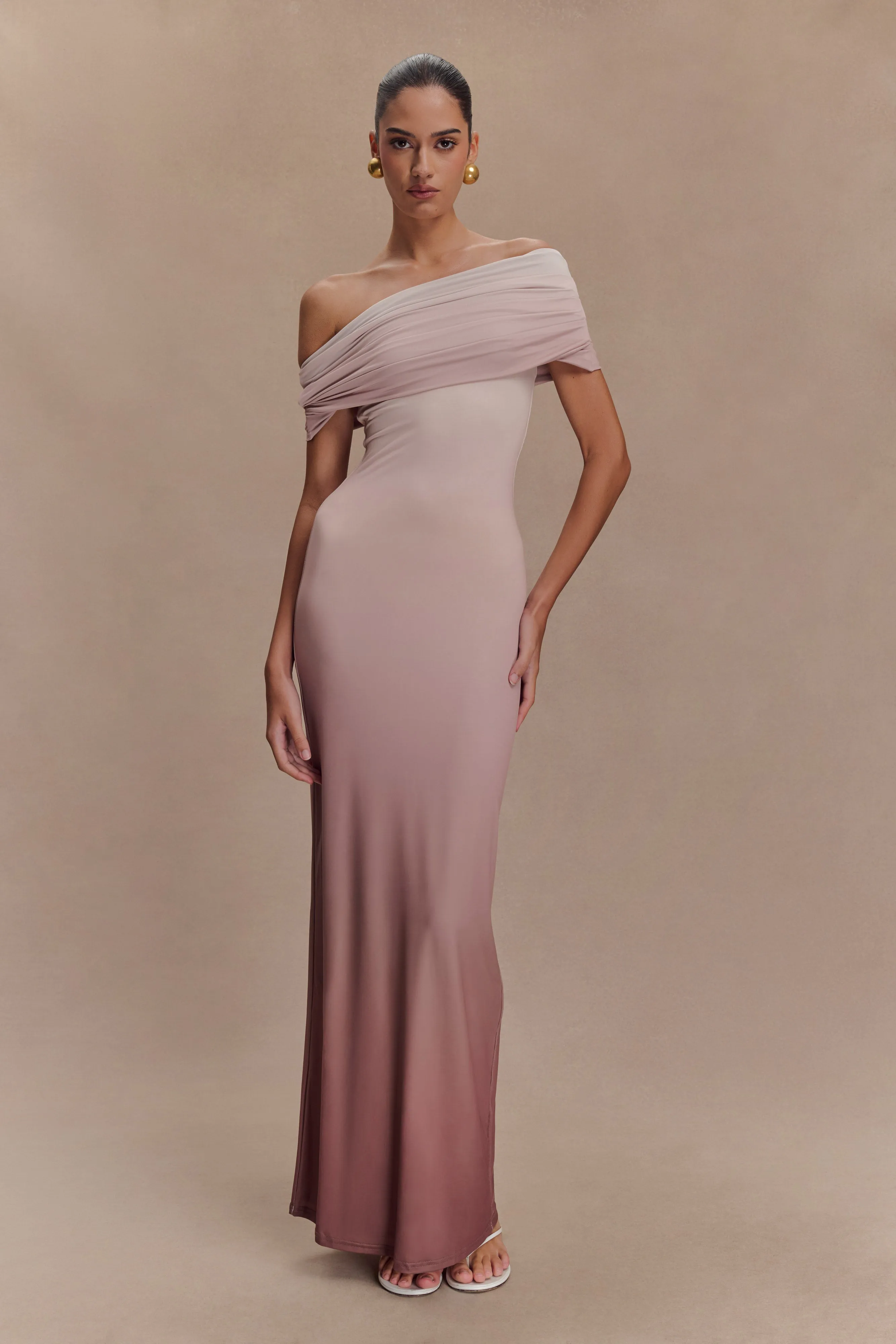 Cassandra Off Shoulder Slinky Maxi Dress - Neutral Ombre