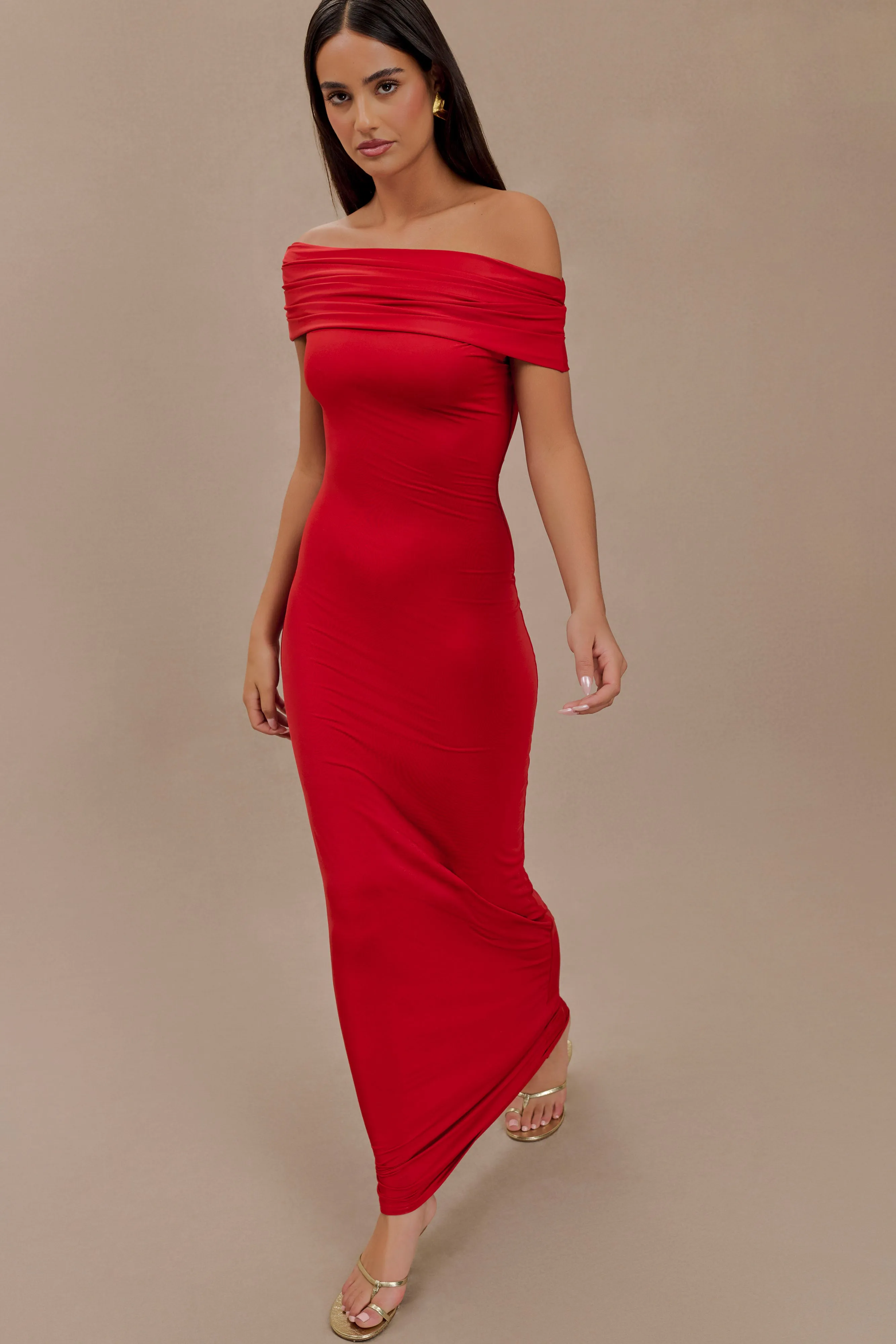 Cassandra Off Shoulder Slinky Maxi Dress - Red