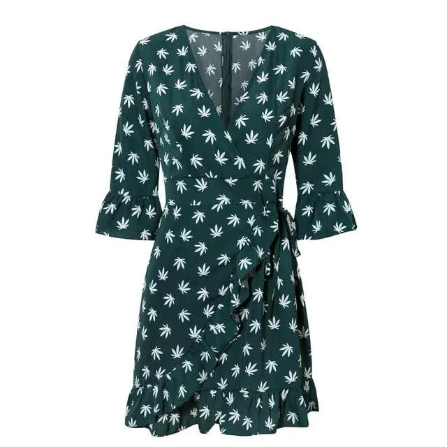 Casual Leaves Print Ruffled Sleeve Chiffon Chic Mini Dress