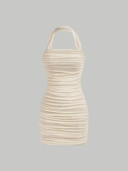 Casual Sleeveless Halter Pencil Bodycon Mini Dress - Cream