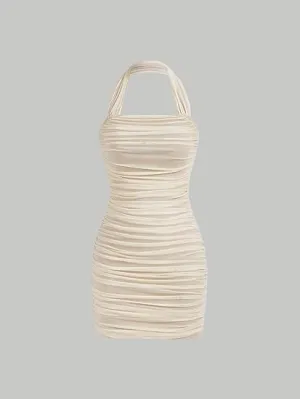 Casual Sleeveless Halter Pencil Bodycon Mini Dress - Cream