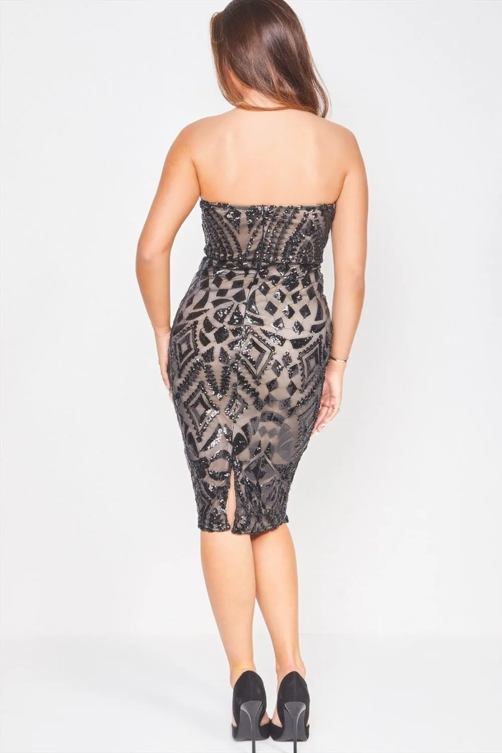 Chic Luxe Black Nude Strapless Sequin Illusion Midi Pencil Dress