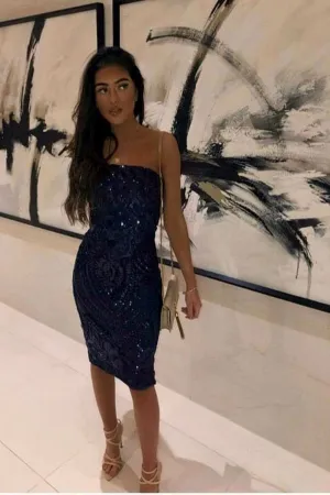 Chic Luxe Navy Blue Strapless Sequin Illusion Midi Pencil Dress