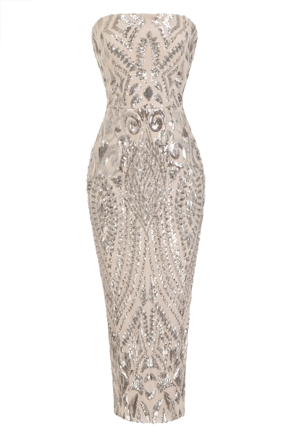 Chic Luxe Silver Nude Strapless Sequin Illusion Midi Pencil Dress