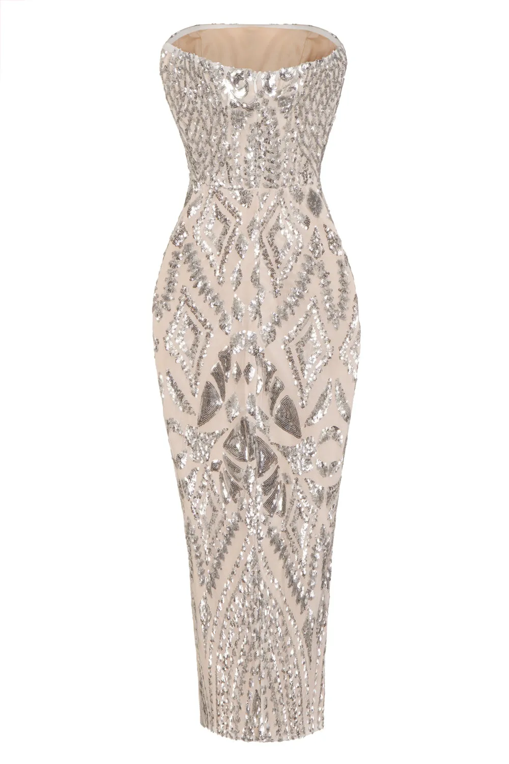 Chic Luxe Silver Nude Strapless Sequin Illusion Midi Pencil Dress