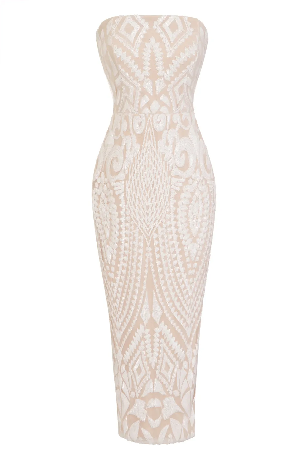 Chic Luxe White Nude Strapless Sequin Illusion Midi Pencil Dress