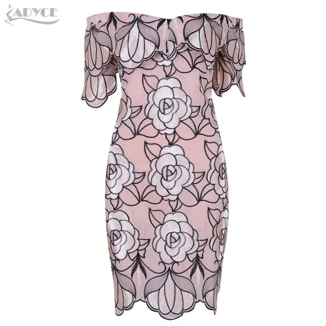 Chic Pink Off Shoulder Floral Embroidery Bodycon Dress