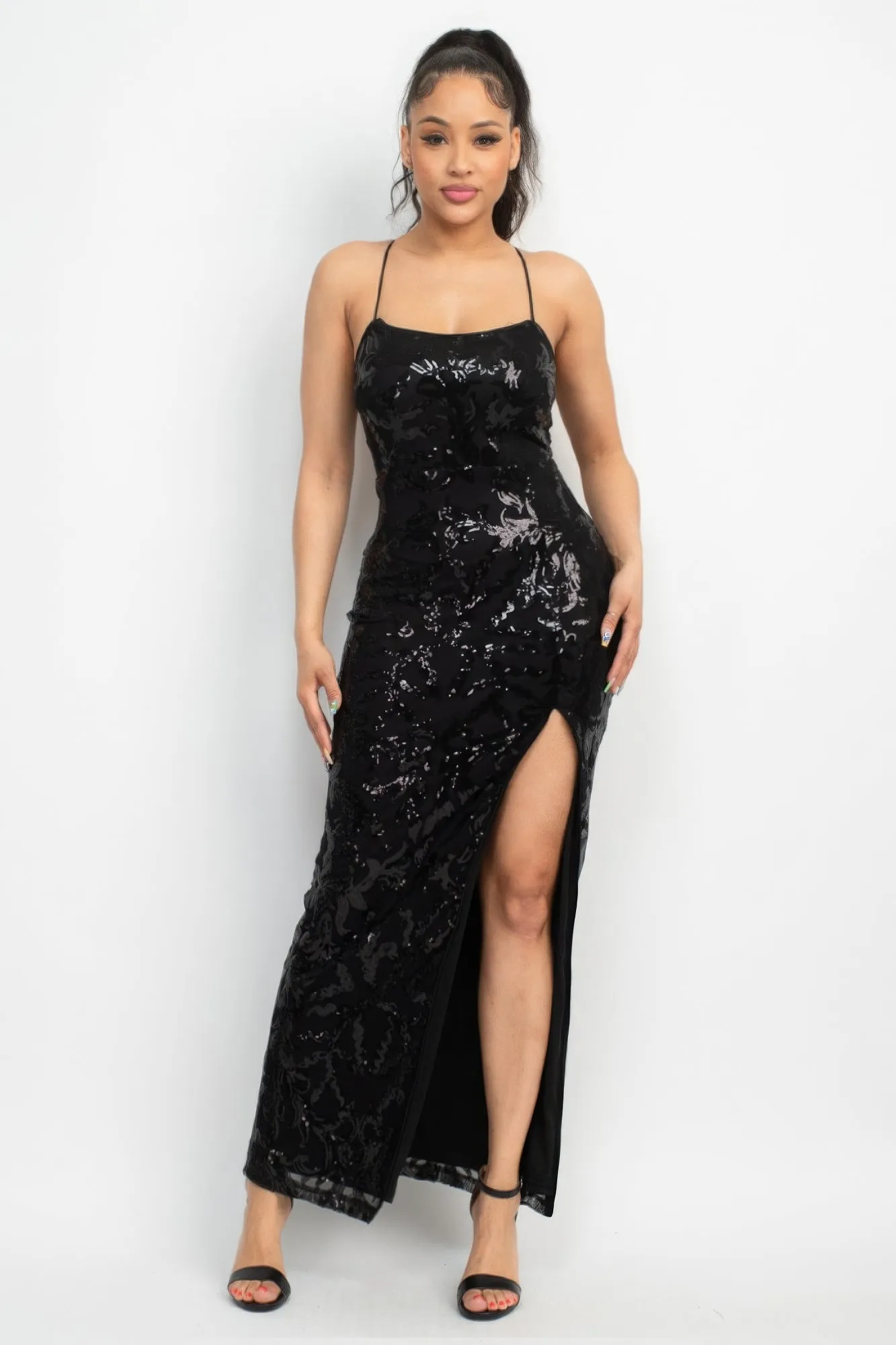 Chic Sequin Dress with Side Slit & Crisscross Back Tie