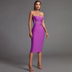 Chic Strapless Midi Bandage Dress with Eye-Catching Chain Details