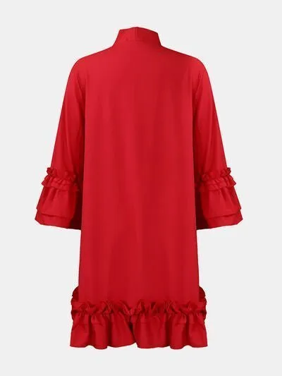 Chic Tie Neck Frill Dress with Three-Quarter Sleeves