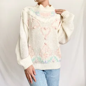 Chunky Pom Pom Heart Mock Neck Sweater (M)