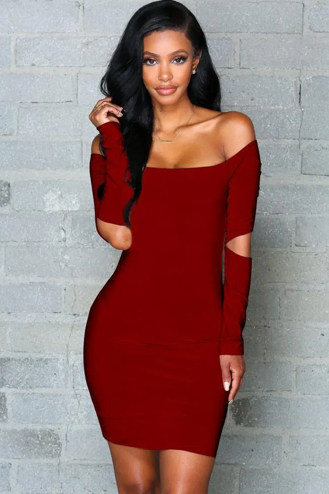 Clearance Pure Color Off Shoulder Hollow Sleeve Short Bodycon Dress