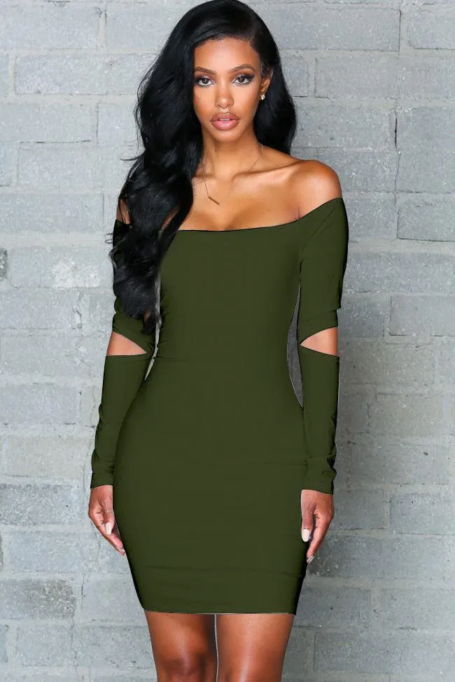 Clearance Pure Color Off Shoulder Hollow Sleeve Short Bodycon Dress