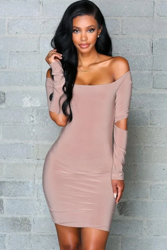 Clearance Pure Color Off Shoulder Hollow Sleeve Short Bodycon Dress