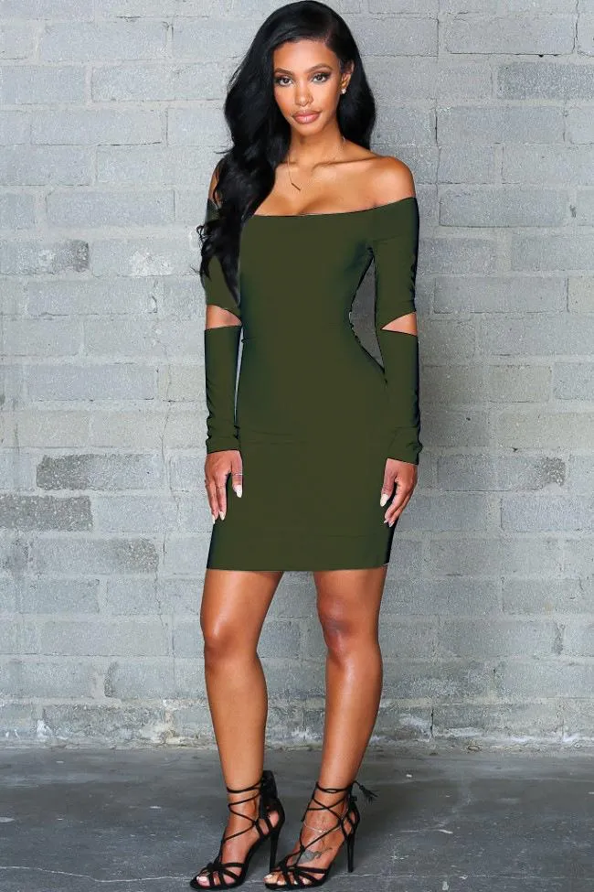 Clearance Pure Color Off Shoulder Hollow Sleeve Short Bodycon Dress