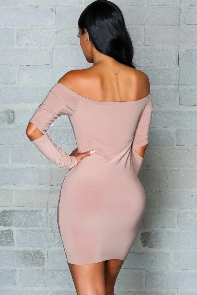 Clearance Pure Color Off Shoulder Hollow Sleeve Short Bodycon Dress